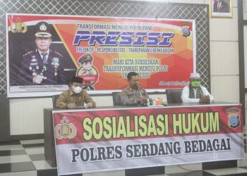 Polres Sergai menggelar sosialisasi hukum tentang peniadaan mudik, pada bulan suci ramadhan dan hari raya Idul Fitri 1442 H, di Aula Patriatama Polres Sergai, Selasa (04/05/2021), pukul 09.00 WIB.