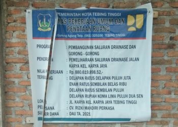 Plank Proyek Drainase di Jalan Karya Tebing Tinggi yang dianggap kurang tranparan ke publik.