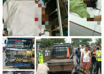 Foto kedua korban dan foto kendaraan yang terlibat kecelakaan serta petugas kepolisian saat melakukan olah TKP.