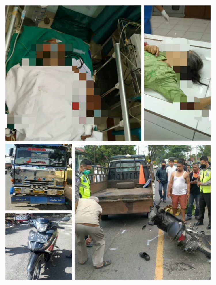 Foto kedua korban dan foto kendaraan yang terlibat kecelakaan serta petugas kepolisian saat melakukan olah TKP.