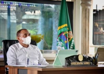 Gubernur Sumatera Utara Edy Rahmayadi saat mengikuti rapat secara virtual. [dok: Pemprov Sumut]