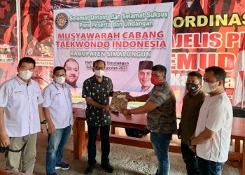 Dokter Jonas Bangun, terpilih menjadi Ketua Pengcab TI Simalungun dalam Musyawarah Cabang (Muscab) Taekwondo Kabupaten Simalungun, di Hall MPC-PP Simalungun, Sabtu (14/8/2021).