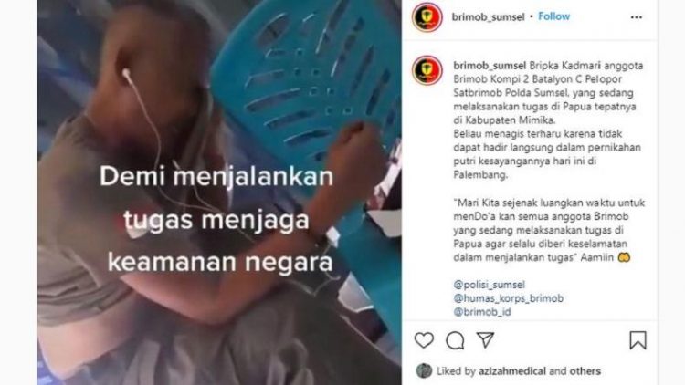 Tangkapan layar video viral anggota Brimob yang sedang tugas di Papua tak bisa datang ke pernikahan anak di Palembang. (Foto: Instagram @Brimob_Sumsel)