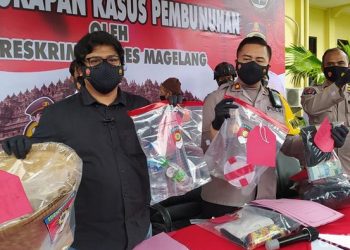 Polres Magelang jumpa pers kasus pembunuhan dengan korban pedagang sayur, Jumat (19/11/2021). Foto: Eko Susanto/detikcom