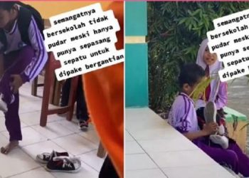 Tangakapan layar viral kakak adik di Baubau, Sultra bergantian sepatu di sekolah karena hanya punya sepasang. (Foto: Instagram/kepoin_trending)