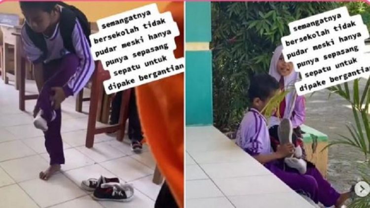 Tangakapan layar viral kakak adik di Baubau, Sultra bergantian sepatu di sekolah karena hanya punya sepasang. (Foto: Instagram/kepoin_trending)