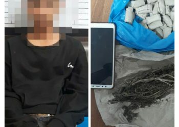Foto anak di bawah umur dan barang bukti ganja yang diserahkan ke Sat Narkoba Polres Pematangsiantar.