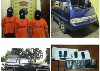 Foto ketiga pelaku dan barang bukti yang diamankan Sat Reskrim Polres Simalungun.