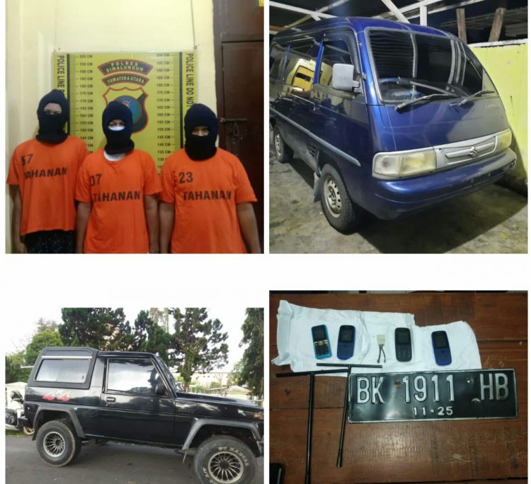 Foto ketiga pelaku dan barang bukti yang diamankan Sat Reskrim Polres Simalungun.