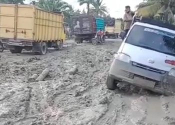 Kondisi jalan rusak parah di Kecamatan Kualuh Leidong, Labura, Sumut (Foto: Ahmad Fauzi/detikcom)