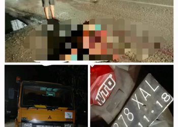 Foto kondisi korban saat di lokasi kejadian dan foto dua unit kendaraan yang terlibat kecelakaan.