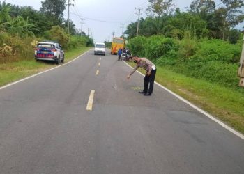 Polisi menunjukkan lokasi kecelakaan maut yang merenggut nyawa satu keluarga di Jalan Raya Pangkalpinang-Muntok, Jumat (3/12/2021). Foto: Istimewa