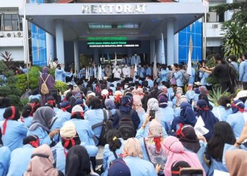 Demo mahasiswa di depan Rektorat Unri. (Raja/detikcom)