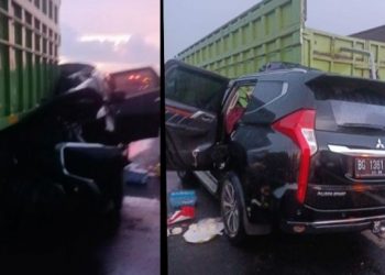Mobil Mitsubishi Pajero kecelakaan di Tol Terbanggi Besar, Lampung Tengah, Kamis (6/1/2022). [Lampungpro.co]