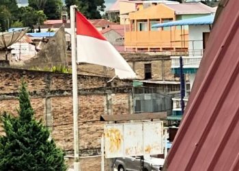 RSUD Dolok Sanggul kibarkan Bendera Merah Putih yang sobek, dan buram.