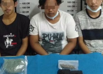 Foto ketiga orang pelaku dan barang bukti ganja yang diamankan Polisi.