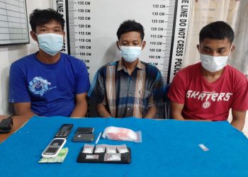 Foto ketiga pelaku dan barang bukti sabu yang diamankan Polisi.