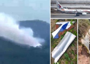 Asap tebal terlihat di lokasi jatuhnya pesawat China Eastern Airlines, puing-puing di sekitar lokasi kecelakaan. Foto/the times/twitter/sputnik
