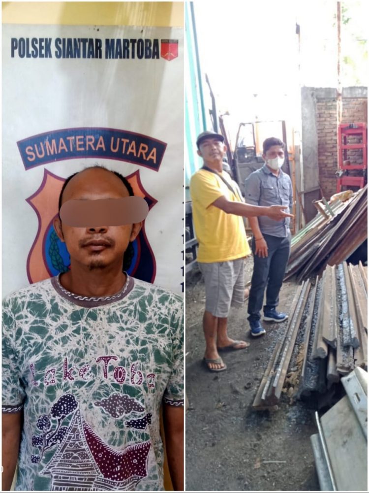 Foto pelaku (kiri) dan barang bukti besi rel Kereta Api yang diamankan Polsek Siantar Martoba.
