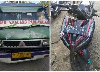 Bus Sampri dan motor mahasiswa yang terlibat kecelakaan diamankan polisi. HO