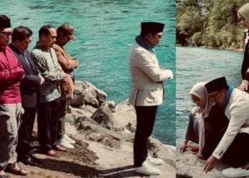 Ridwan Kamil saat sholat gaib di tepi Sungai Aaree (kiri). Ridwan Kamil, Atalia Praratya dan Cammilia Laetitia Azzahra, di titik lokasi Emmeril hanyut. (FOTO: tangkapan layar Instagram)