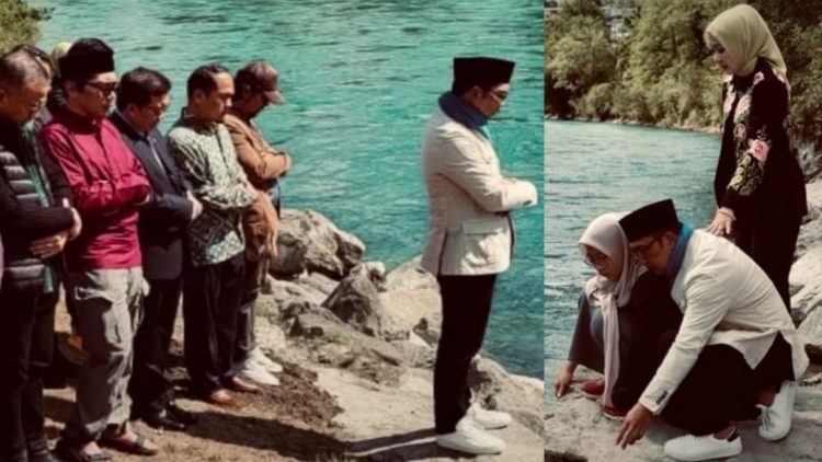 Ridwan Kamil saat sholat gaib di tepi Sungai Aaree (kiri). Ridwan Kamil, Atalia Praratya dan Cammilia Laetitia Azzahra, di titik lokasi Emmeril hanyut. (FOTO: tangkapan layar Instagram)