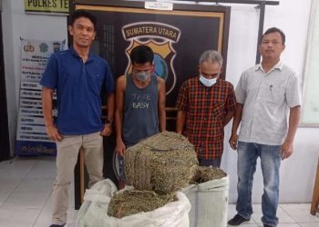 Kedua kurir ganja yang ditangkap polisi di pinto Tol Tebingtinggi dengan barang bukti ganja 50 kg. (Foto: Ist)