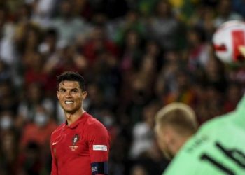 Penyerang timnas Portugal, Cristiano Ronaldo bereaksi selama matchday ketiga Grup A2 UEFA Nations League 2022-2023 antara Portugal vs Ceko di stadion Jose Alvalade di Lisbon pada 9 Juni 2022. PATRICIA DE MELO MOREIRA / AFP.