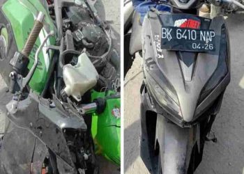 Dua sepeda motor yang terlibat tabrakan maut dievakuasi ke Pos Lalu Lintas Indrapura, Satlantas Polres Batu Bara. Foto/iNews TVFadly Pelka