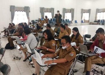 Peserta saat mengikuti simulasi penerapan aplikasi system informasi kepegawaian di Aula Huta Mas, Selasa (19/7/2022).