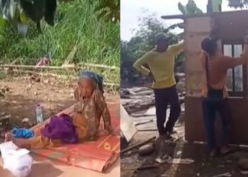 Warga saat gotong royong bangun rumah ala kadarnya untuk nenek yang ditelantarkan anaknya (Instagram/ @kabarnegri).