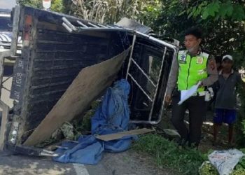 Mobil pikap terbalik menabrak sayap ban belakang truk lalu menabrak pengendara motor hingga tewas. (Antara/HO)
