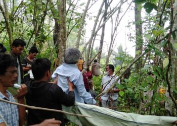 Petugas saat mengevakuasi jenazah korban (kemeja biru lengan panjang) dari lokasi kejadian.