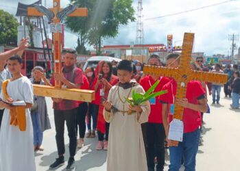 Pawai OMK Paroki St Fidelis Dolok Sanggul berpawai beriring mengusung salib dan berbaris dan mengenakkan ulos Batak.