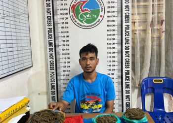 Foto tersangka dan barang bukti ganja saat dimankan di kantor Polisi.