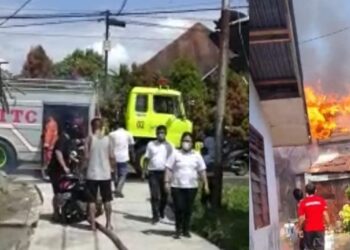 Mobil Damkar PT. STTC bantu padamkan kobaran api yang hanguskan 3 unit rumah di Kelurahan Simalungun.