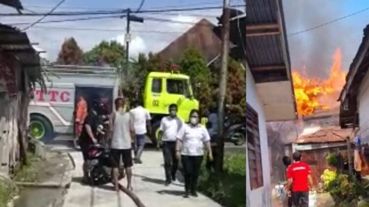 Mobil Damkar PT. STTC bantu padamkan kobaran api yang hanguskan 3 unit rumah di Kelurahan Simalungun.