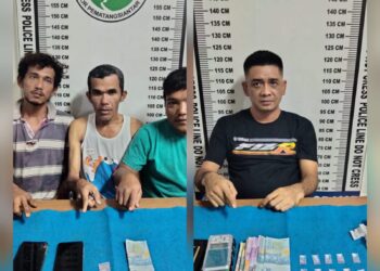 Foto ke empat tersangka dan barang bukti yang diamankan Sat Narkoba Polres Pematang Siantar.