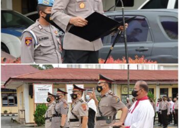 Kapolres Pematang Siantar saat pimpin sertijab Kasat Intelkam dan Kapolsek Siantar Timur, pada Senin (5/12/2022),  pukul 08.00 WIB, di Lapangan Apel Polres Pematang Siantar.