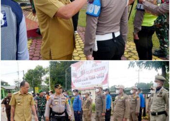 Bupati Humbahas saat menyematkan pita tanda dimulainya Operasi Lilin 2022, dan foto Bupati Dosmar bersama Kapolres Humbahas saat memeriksa barisan personil.