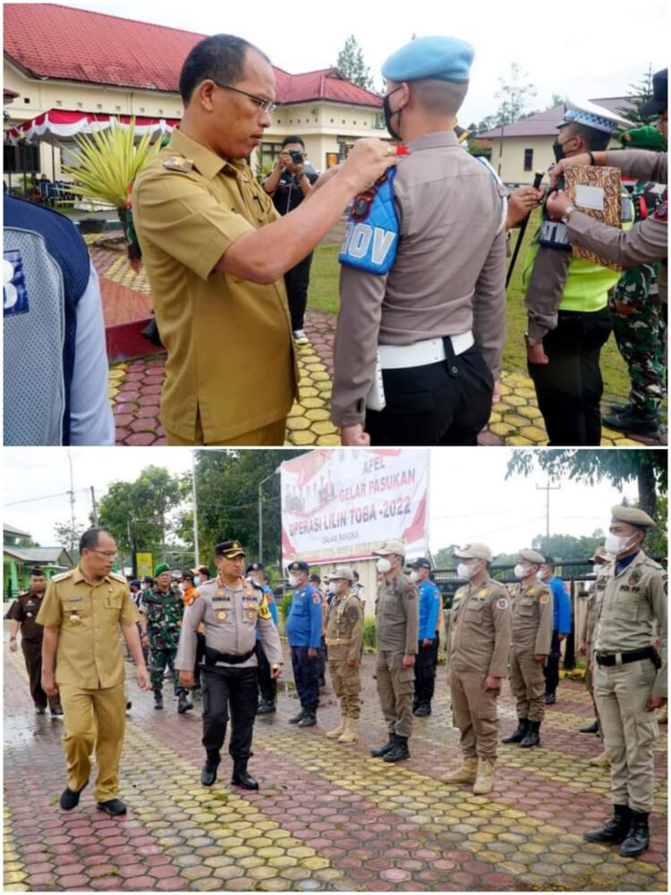 Bupati Humbahas saat menyematkan pita tanda dimulainya Operasi Lilin 2022, dan foto Bupati Dosmar bersama Kapolres Humbahas saat memeriksa barisan personil.