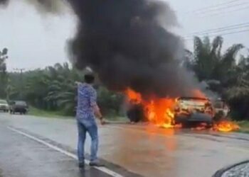 Dua unit mobil terbakar setelah adu kambing. HO