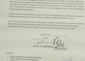 Surat Ketua LBH PALASMA yang dilayangkan ke Kejari Doloksanggung terkait dugaan suap yang dilakukan Kepala Dinas Sosial Humbahas.