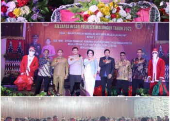 Perayaan Natal keluarga besar Polres Simalungun berlangsung penuh sukacita, di Aula HKBP Nommensen Siantar, jalan Sangnaualuh, Keluranhan Siopat Suhu, Kecamatan Siantar Timur, Selasa (20/12/2022), lalu.