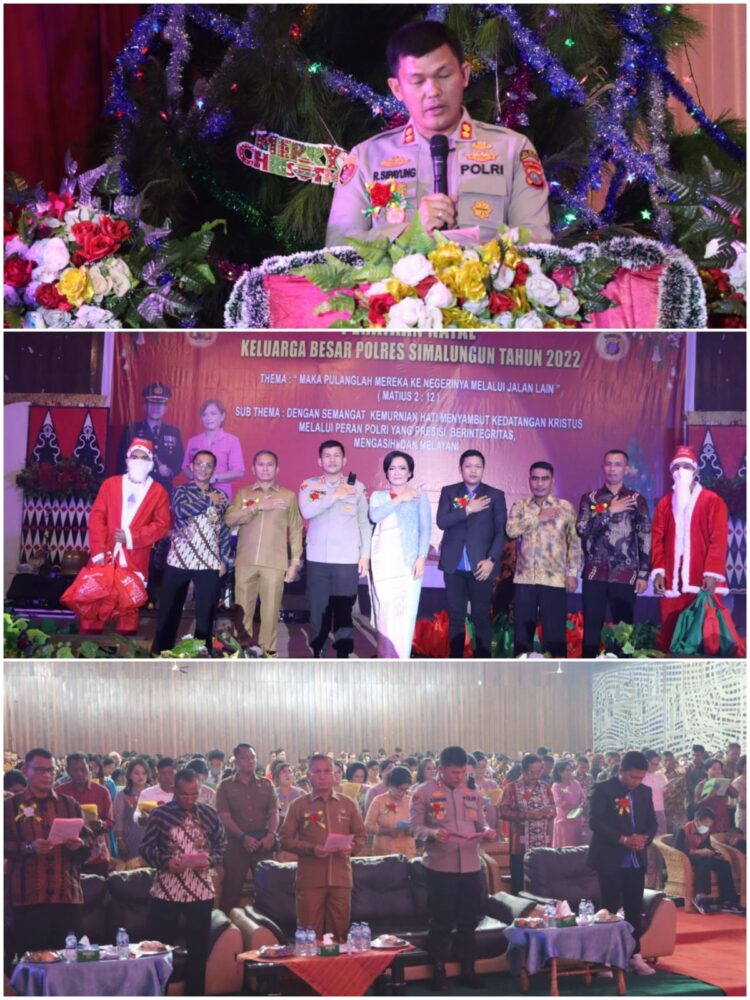 Perayaan Natal keluarga besar Polres Simalungun berlangsung penuh sukacita, di Aula HKBP Nommensen Siantar, jalan Sangnaualuh, Keluranhan Siopat Suhu, Kecamatan Siantar Timur, Selasa (20/12/2022), lalu.