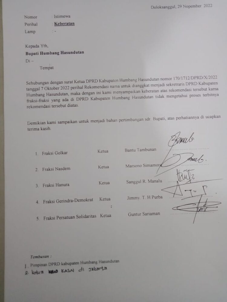 Surat keberatan 5 Fraksi DPRD Kabupaten Humbahas.