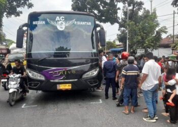Bus Eldivo terlibat tabrak pelajar SMA Negeri 5 Pematang Siantar, Rabu (15/3/2023), HO / Tribun Medan