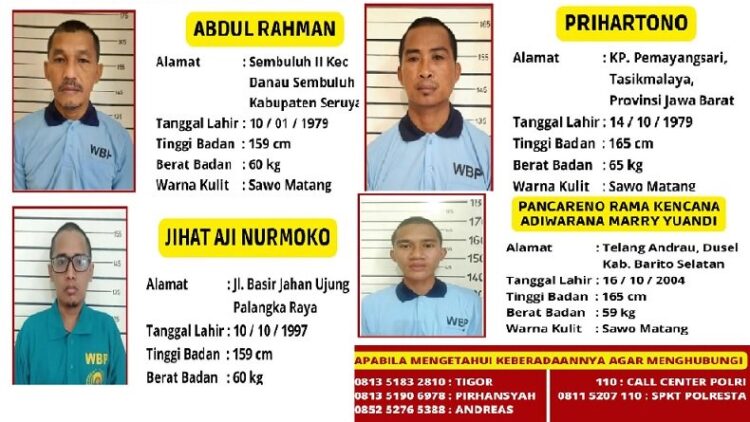 Ini Tampang 4 Napi Kabur dari Lapas Palangka Raya (Foto: Dok Polda Kalteng)