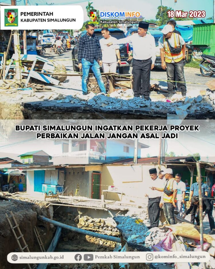 Bupati Radiapoh Hasiholan Sinaga meninjau perbaikan jalan di  Rambung Merah, Kecamatan Siantar, Kabupaten Simalungun, Sabtu (18/3/2023).