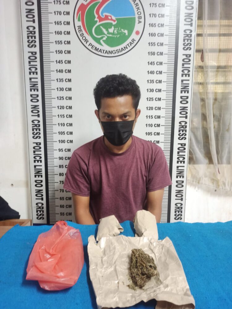 Foto pelaku dan barang bukti ganja saat diamankan di kantor polisi.